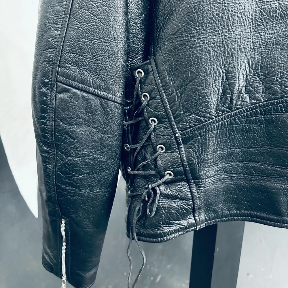 FMC Vintage Classic Black Leather Motorcycle Jacket w/ large Eagle Patcb